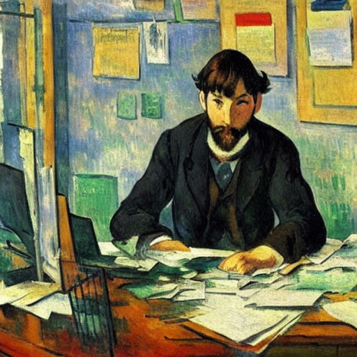 deepai generated image of a male startup founder looking stressed and stuck behind a desk with lots of paperwork and mysterious inventions piled around